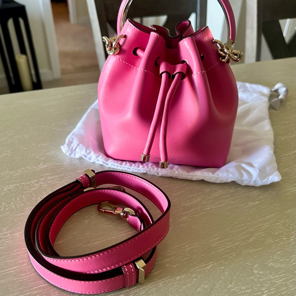 Jimmy Choo Bon Bon Bucket Bag Candy Pink Leather with Gold Handle - Picture 2 of 4